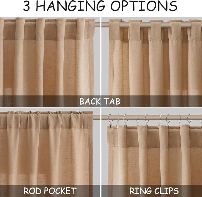 Nanspring Camel Linen Curtains for Living Room Extra Long 132 Inches Long Back Tab Light Filtering Semi Sheer Curtain Vintage Rustic Decor Floor to Ceiling High Window for Bedroom 52x132, 2 Panels