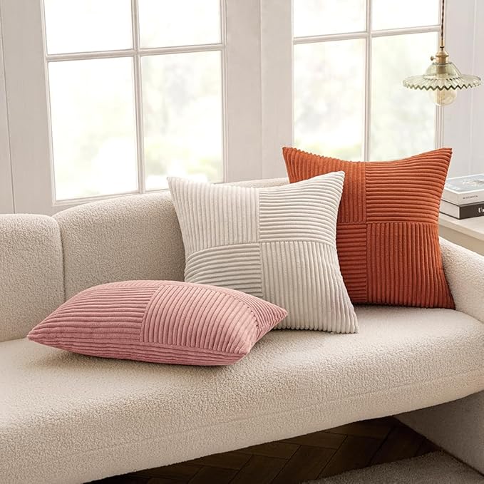 MIULEE Beige Decorative Throw Pillow Covers 22x22 Inch for Couch Bed Sofa Pack of 2 Boho Neutral Farmhouse Throw Pillows Soft Cross Corduroy Patchwork Textured Cushion Cases