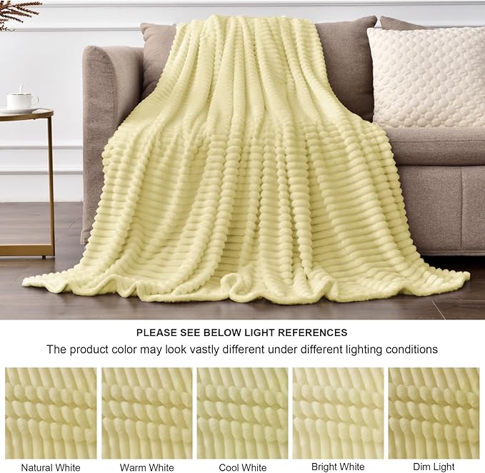 BEDELITE Fleece Throw Blanket for Couch – 3D Ribbed Jacquard Soft and Warm Decorative Fuzzy Blanket – Cozy, Fluffy, Plush Lightweight Transparent Yellow Throw Blankets for Bed, Sofa, 50x60 inches