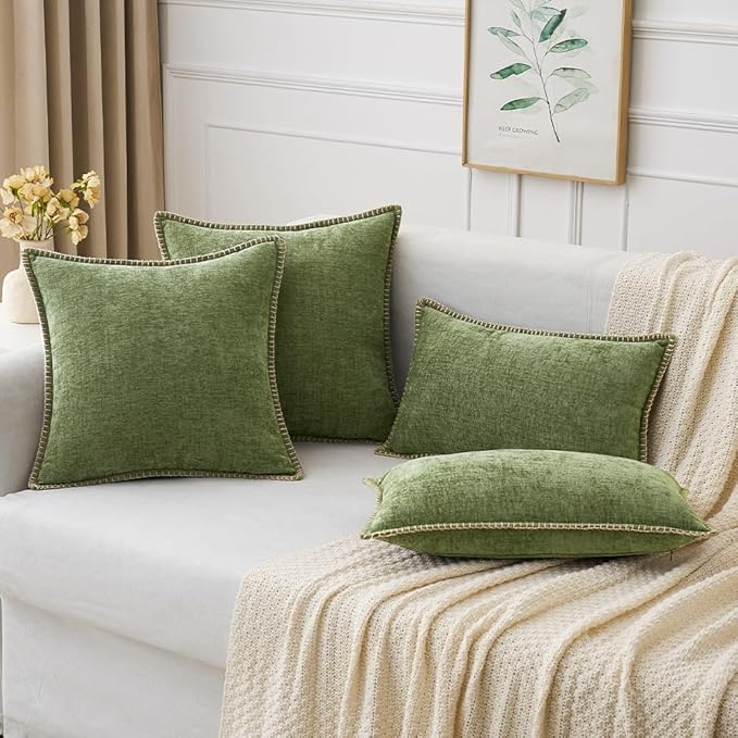 MIULEE Pack of 2 Couch Throw Pillow Covers 18x18 Inch Sage Green Farmhouse Decorative Pillow Covers with Stitched Edge Soft Chenille Solid Dyed Spring Pillow Covers for Sofa Bed Living Room