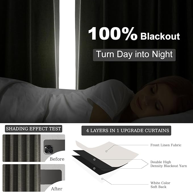 Topfinel Extra Long Grey Linen Blackout Curtains 120 inches Long Thermal Insulated Energy Efficient Window Treatments for Bedroom Living Room Office Back Tab Rod Pocket, W52xL120, 2 Panels