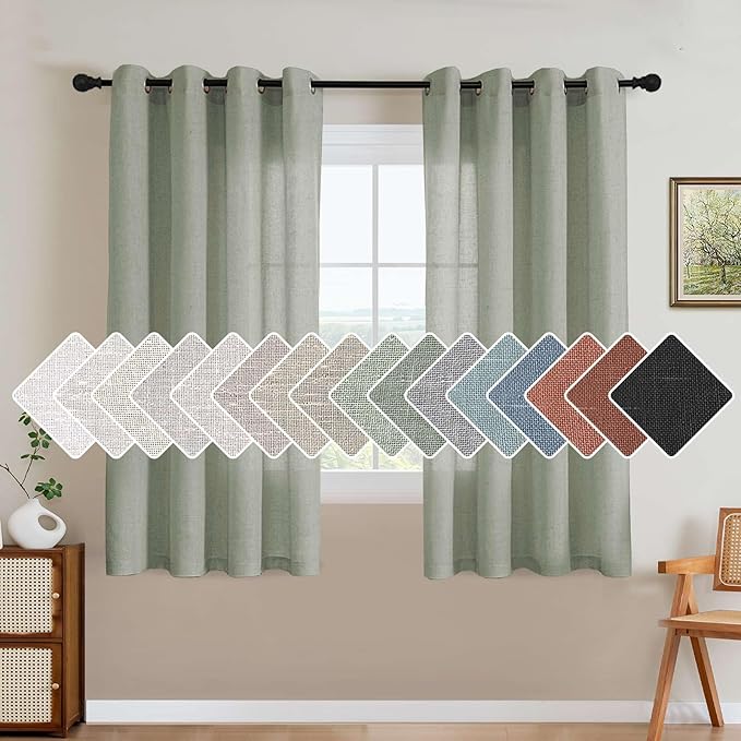 H.VERSAILTEX Living Room Linen Curtains - Semi Sheer, Nickel Grommet, Energy Saving, Light Filtering Window Treatments - Sea Grass, 2 Panels, 52 x 63 Inch