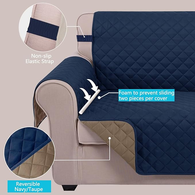 U-NICE HOME Large Sofa Cover Reversible Couch Cover for Dogs with Elastic Straps Water Resistant Furniture Protector for Pets Couch Cover for 4 Cushion Couch (Oversized Sofa, Navy/Taupe)
