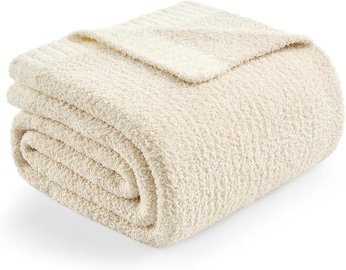 Snuggle Sac Buttery Ivory Throw Blanket for Couch, Reversible Super Soft Knitted Blankets, Warm Cozy Knit Fuzzy Plush Lightweight Throws Dupes for Sofa, Bed, Picnic, Ivory, 50 x 60 inches