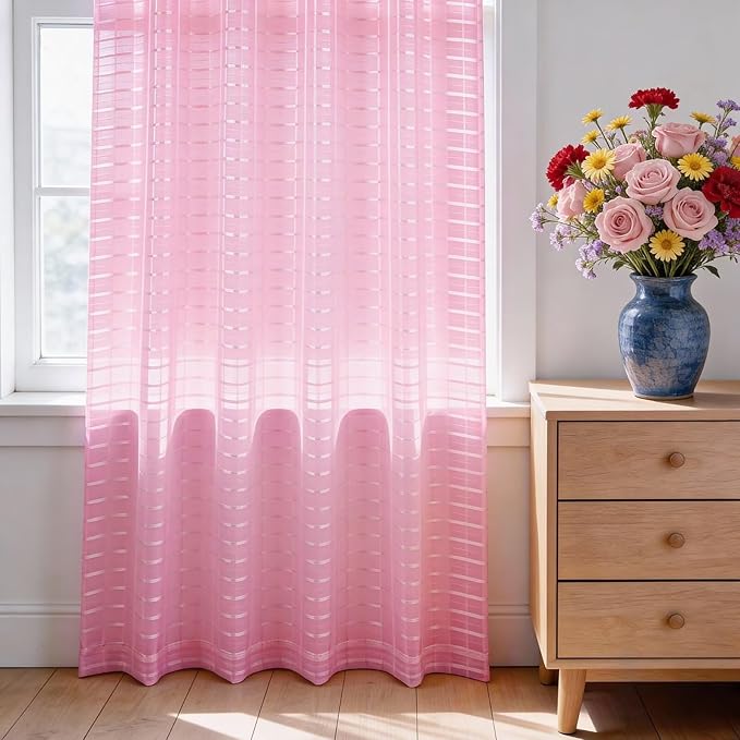 SpaceDresser Check Sheer Curtains 54 Inches 2 Panels Set, Rod Pocket Plaid Window Curtain for Living Room, Pink Semi Sheer Drapes for Kitchen Bedroom Children Room Yard（Pink, 52W x 54L）