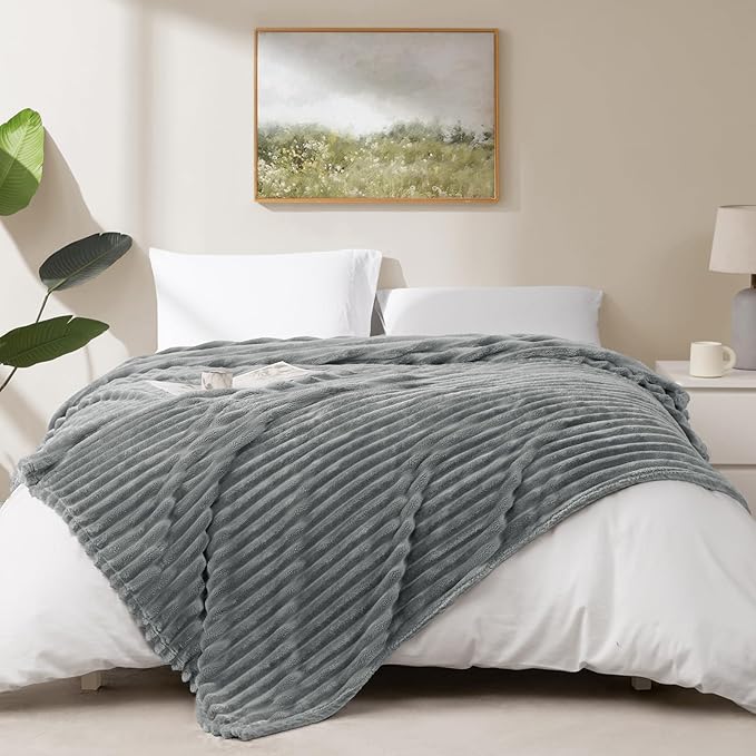 HIMEET Grey Ribbed Twin Blanket for Bed - 300GSM Lightweight Soft Fleece Blanket for Men Women, Cozy Blankets Graduation Birthday Gifts, Striped Spring Home School Dorm Decor, Grey, 60x80 Inches
