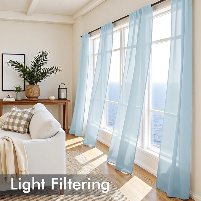 MIULEE Sky Blue Sheer Curtains 90 Inches Long, 4 Panels Set, Light Filtering Rod Pocket Voile Drapes for Living Room and Bedroom, Airy Soft Fabric Window Treatments, 42 x 90 Inches