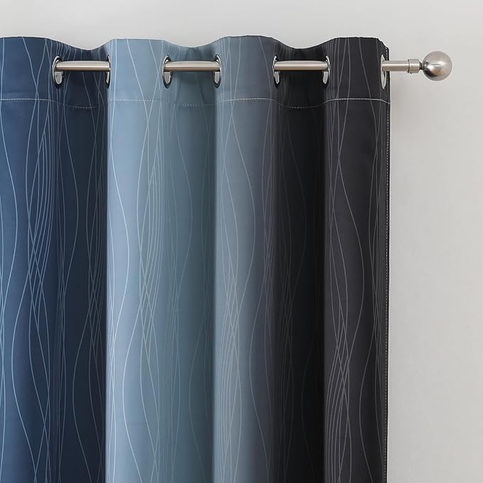 Estelar Textiler Navy Blue and Black Ombre Blackout Curtains 63 Inch Length 2 Panels Set, Full Room Darkening Grommet Curtains for Bedroom, Thermal Insulated Light Blocking Gradient Drapes,52Wx63L