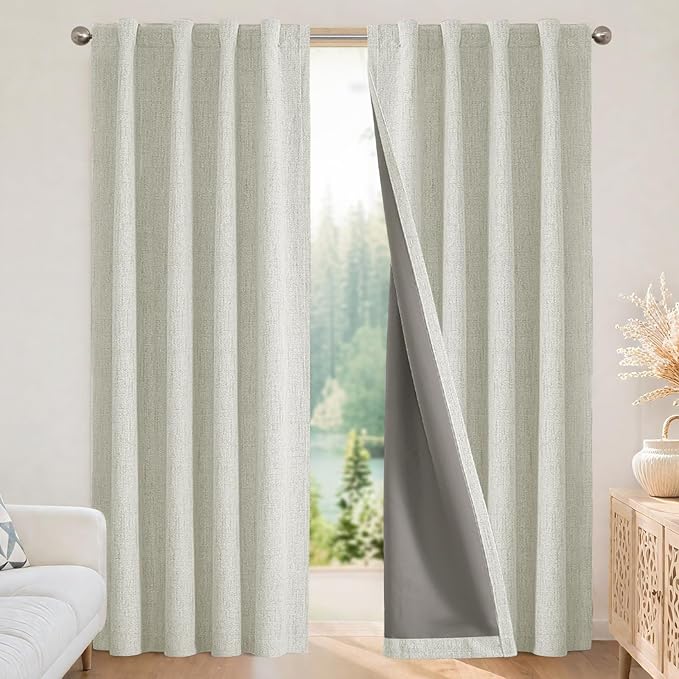 Joydeco Blackout Curtains for Bedroom - 90 Inch Long 100% Light Blocking 2 Panels Light Beige Drapes, Thermal Insulated Room Darkening Curtains, Linen Textured for Living Room, Rod Pocket & Back Tabs