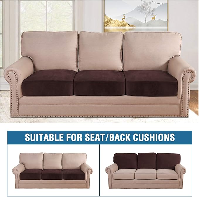 H.VERSAILTEX Velvet Stretch Couch Cushion Cover Plush Cushion Slipcover for Chair Loveseat Sofa Cushion Furniture Protector Seat Cushion Sofa Cover (3 Piece XL Sofa Cushion Covers, Brown)