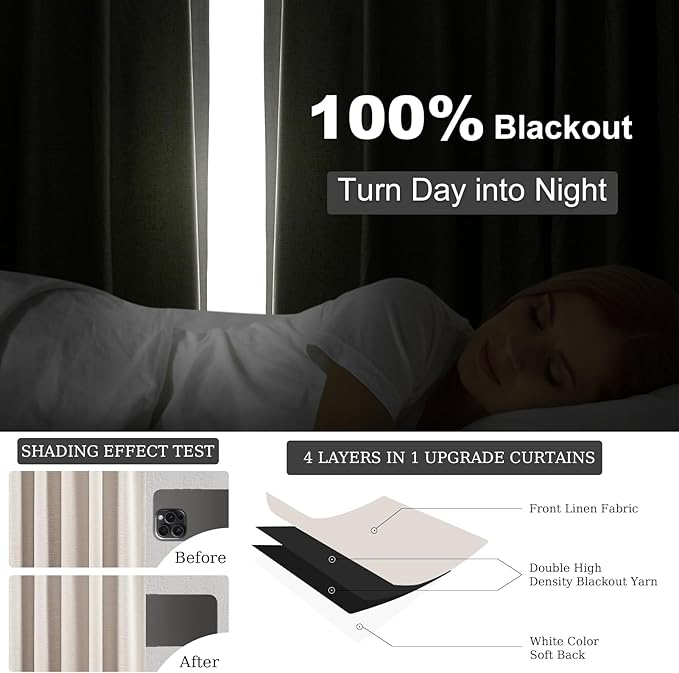 Topfinel Blackout Curtains 102 Inch Long 2 Panels,Linen Textured Room Darkening Black Out Drapes for Living Room Tall Windows Back Tab with Hooks Boho Modern Farmhouse Decor Shaded Drop 52x102