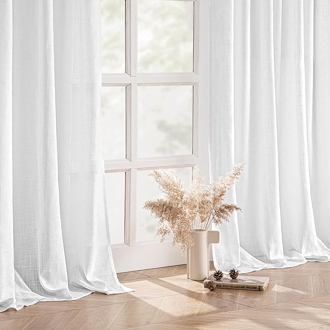 MIULEE White Linen Curtains 105 Inch Long 2 Panels for Bedroom Living Room, Soft Thick Linen Textured Back Tab Window Drapes Semi Sheer Light Filtering Rod Pocket Modern Farmhouse Decor