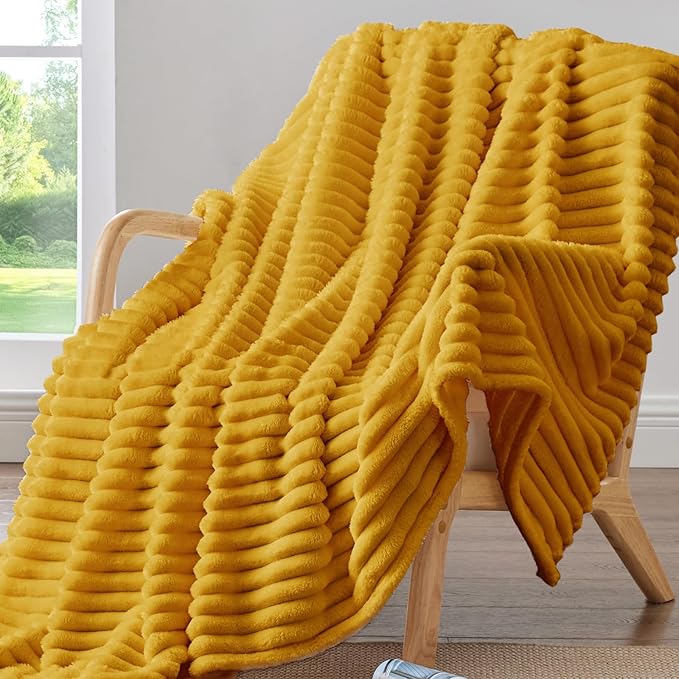BEDELITE Fleece Throw Blanket for Couch - 300GSM Soft & Warm Fluffy Mustard Yellow Blanket, Decorative and Giftable Striped Blankets for Women, Men, 50"x60"