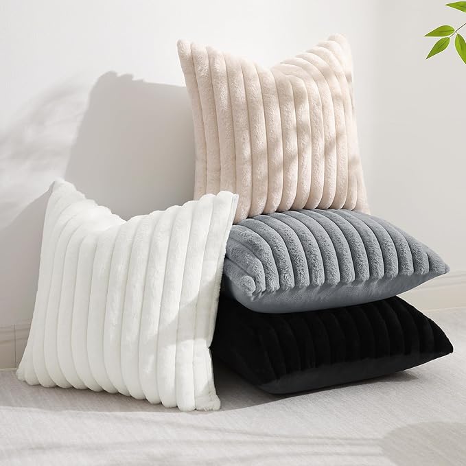 decorUhome Cozy Faux Fur Throw Pillow Covers 16x16 Set of 2 Decorative Soft Plush Striped Modern Farmhouse Boho Couch Pillow Cases with Velvet Back for Sofa Bed Living Room, Black