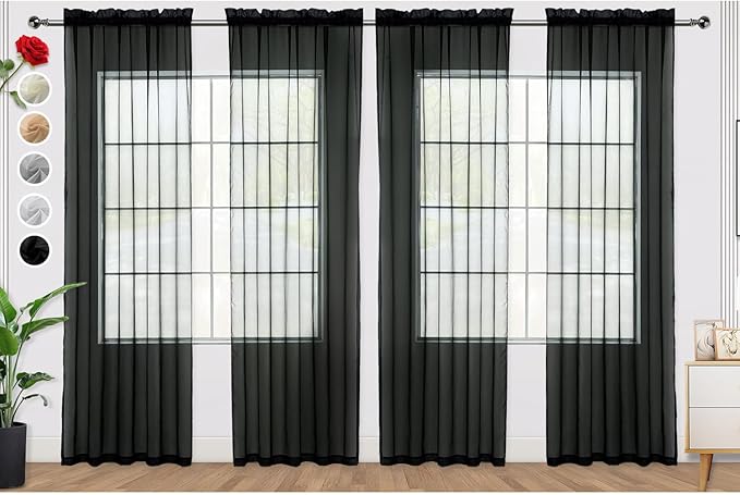 SpaceDresser Black Sheer Curtains 4 Panels Rod Pocket Semi-Sheer Curtain 72 Inches Long Light Filtering Voile Window Drapes for Bedroom Living Room Kitchen, Each 52W x 72L