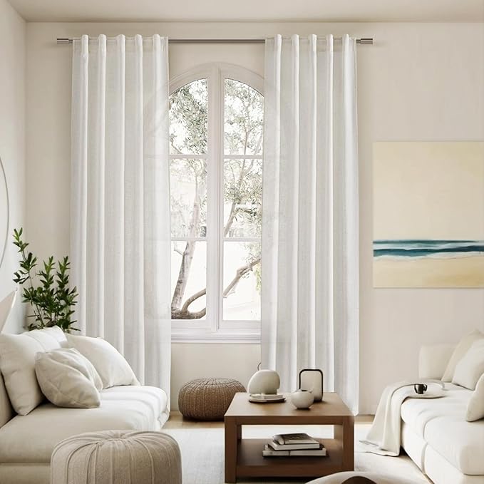 Linen Sheer Curtains 108 Inches Long Back Tab Rod Pocket 2 Panels Cream Semi Sheer Extra Long Curtains Light Filtering Modern Boho Drapes for Living Room Luxury Floor Length Curtain 9Ft 40x108