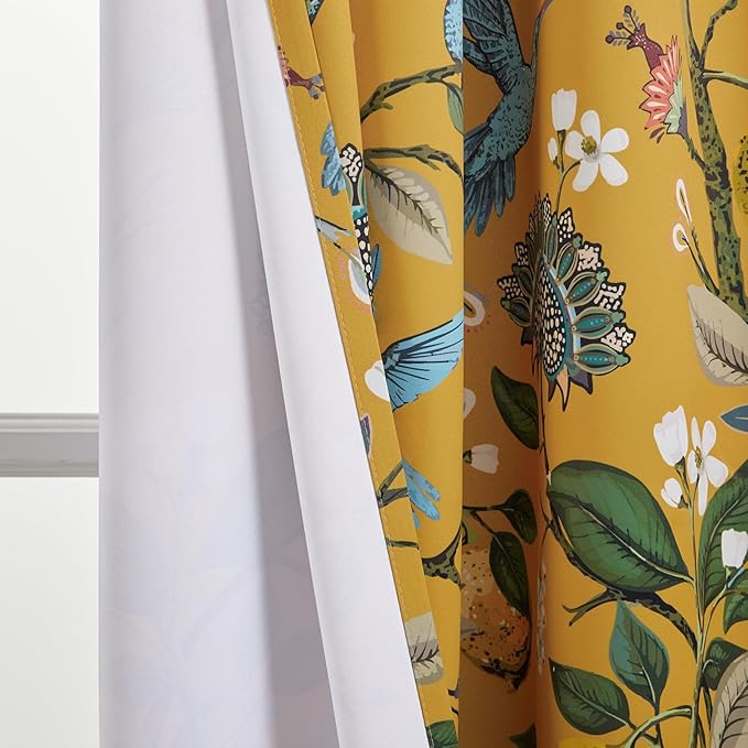 Topfinel 90 Inches Long Curtains & Drapes 2 Panels, Unique Nature Luxury Elegant Colorful Dark Floral Hummingbird Patterned Rustic Mustard Yellow Grommet Drapes for Classroom Room Office Closet 52x90