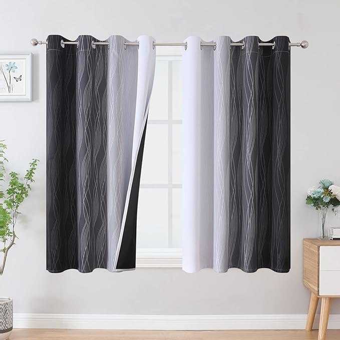 Estelar Textiler Ombre Greyish White and Black Blackout Curtains & Drapes 45 Inch Length 2 Panels for Bedroom, Thermal Insulated Full Light Blocking Grommet Blackout Drapes for Bathroom, 52Wx45L