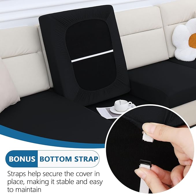 hyha Milk Silk Couch Cushion Covers, Soft Magic Sofa Covers Washable for 2 Cushion Couch, Stretch Sectional Outdoor Cushion Covers for Patio Furniture with Elastic Bottom(Medium, Black)
