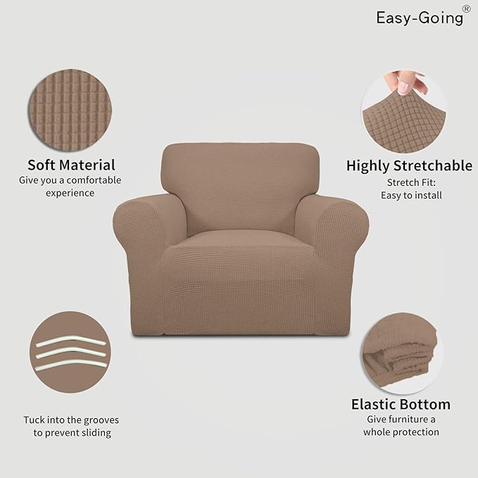Easy-Going Stretch Chair Sofa Slipcover 1-Piece Couch Sofa Cover Furniture Protector Soft with Elastic Bottom for Kids, Pet. Spandex Jacquard Fabric Small Checks (Chair, Camel)