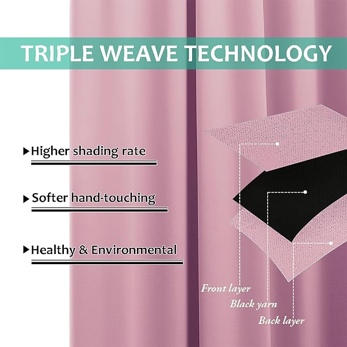 NICETOWN 100% Blackout Curtains with Black Liners, Thermal Insulated Full Blackout 2-Layer Lined Drapes, Energy Efficiency Window Draperies for Bedroom (Crystal Pink, 2 Panels, 55-inch W by 68-inch L)