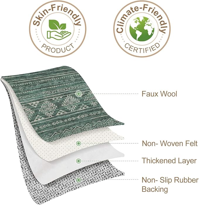 Nakagishi 7x9 Area Rugs Living Room: Washable Boho Large Neutral Soft Farmhouse Rug Stain Resistant Modern Indoor Floor Non-Slip Carpet for Bedroom Nursery Kids Playroom Office Dining Room Dorm- Green