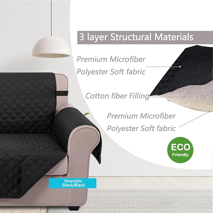 U-NICE HOME Recliner Chair Covers Reversible Quilted Water Repellent Pet Protectors with Elastic Straps (23''Recliner Small, Black/Black)