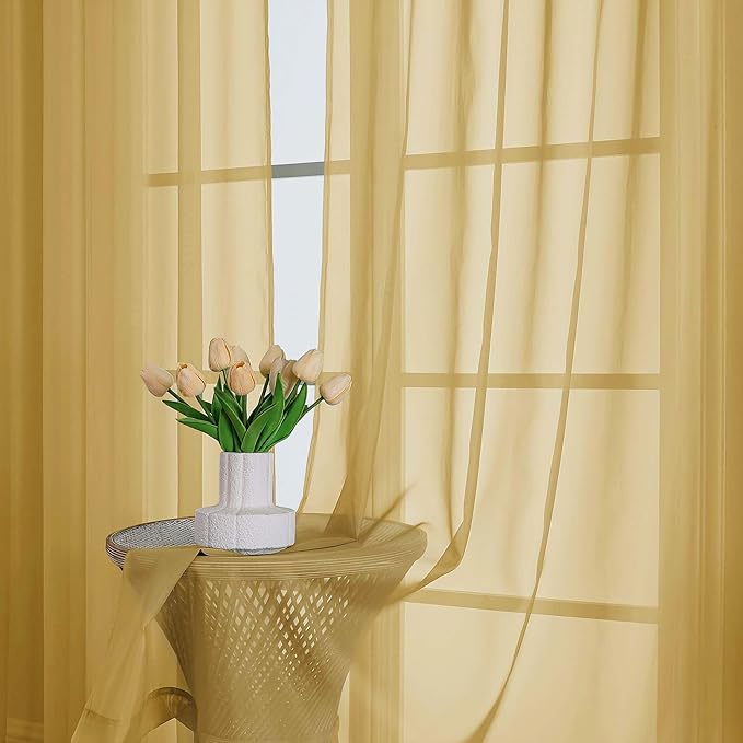 Chyhomenyc Sheer Gold Curtains 90 inches Long 2 Panels, Light Filtering Soft Airy Solid Elegant Voile Window Treatment Drapes for Bedroom Living Room Wedding Party Decor, 42 Wx90 L Inches