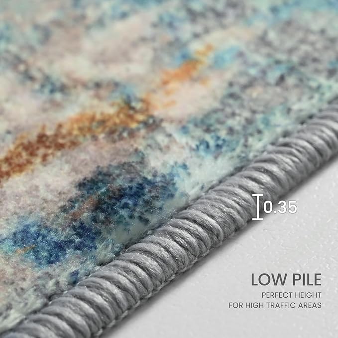 Area Rug 4x6 Blue Rug Washable Boho Rugs Non Slip Low Pile Abstract Small Carpet for Entryway, Bedroom, Kitchen, Classroom, Kids Room, Office, Dorm, Dining Room