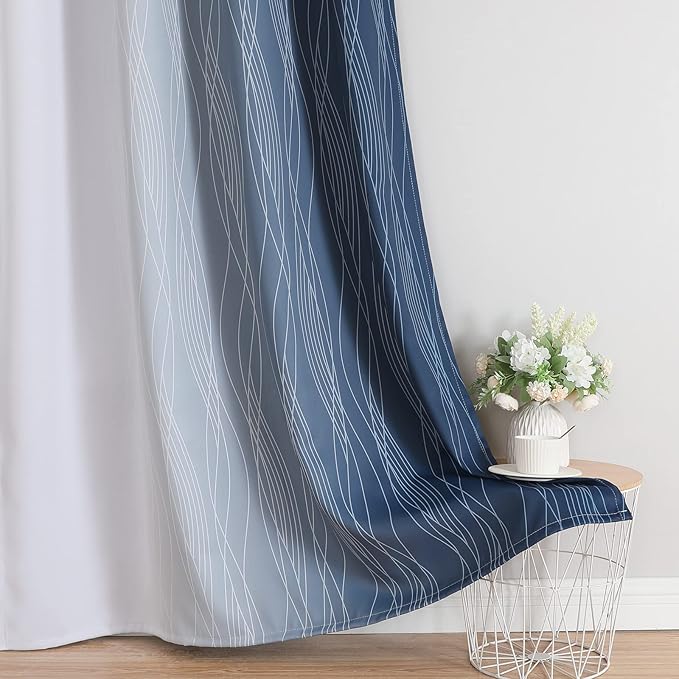 Estelar Textiler Navy Blue and Greyish White Blackout Curtains for Bedroom 84 Inches Long, Full Room Darkening Grommet Curtains for Living Room,Thermal Insulated Ombre Drapes,52Wx84L,2 Panels