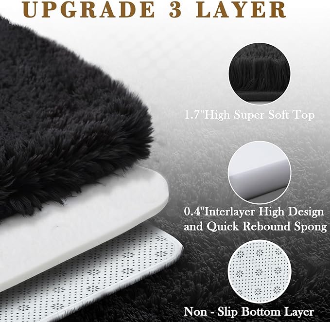 Area Rugs 9x12 Living Room, Large Area Rug Shag Shaggy Carpet Soft Plush Furry Bedside Rug, Machine Washable Area Rugs for Bedroom Kids Girls Boys Home Decor Anti Slip(9 x 12, Black)
