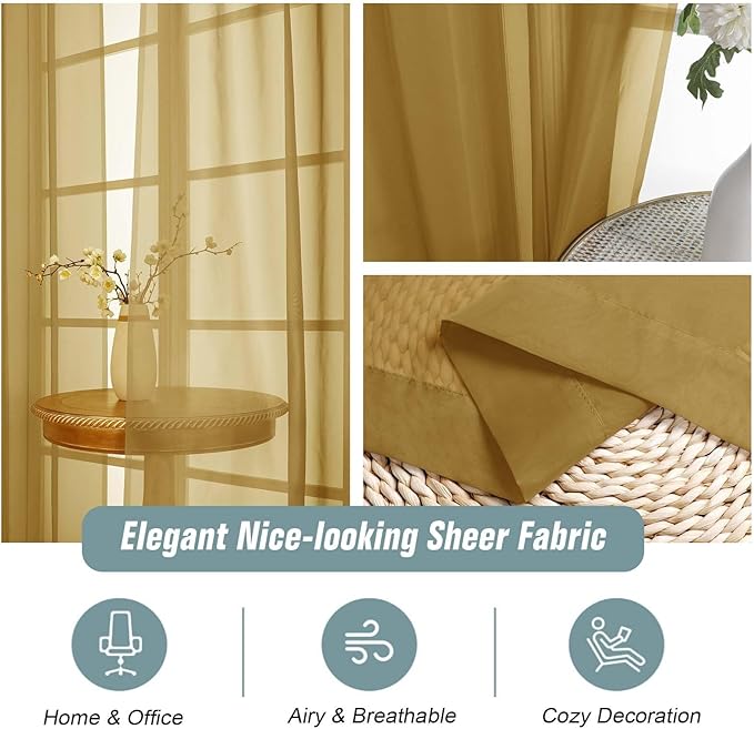 Gold Sheer Curtains 84 Inches Long 2 Panels, Elegant Airy Transparent Light Filtering Window Curtains, Window Drapes for Living Room Bedroom, Top Dual Rod Pocket Design, 2x42Wx84L Inches