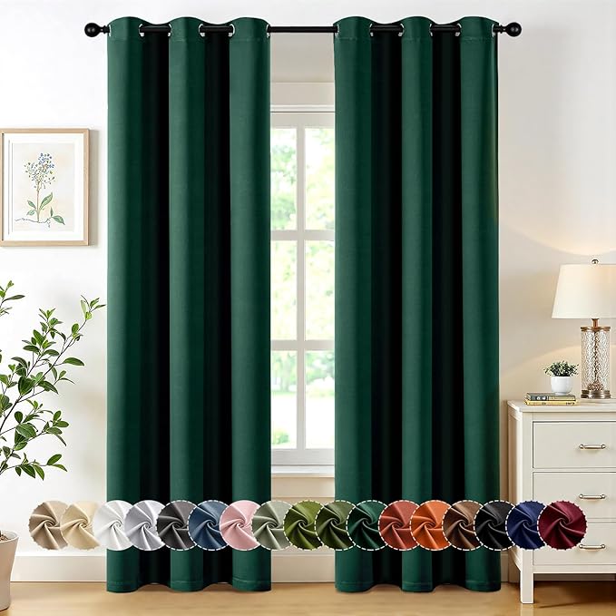 MIULEE Hunter Green Blackout Curtains for Bedroom Living Room 90 Inches Long 2 Panels, Thermal Insulated Room Darkening Drapes Solid Grommet Noise Reduction Emerald Green Christmas Curtains 40x90 Inch