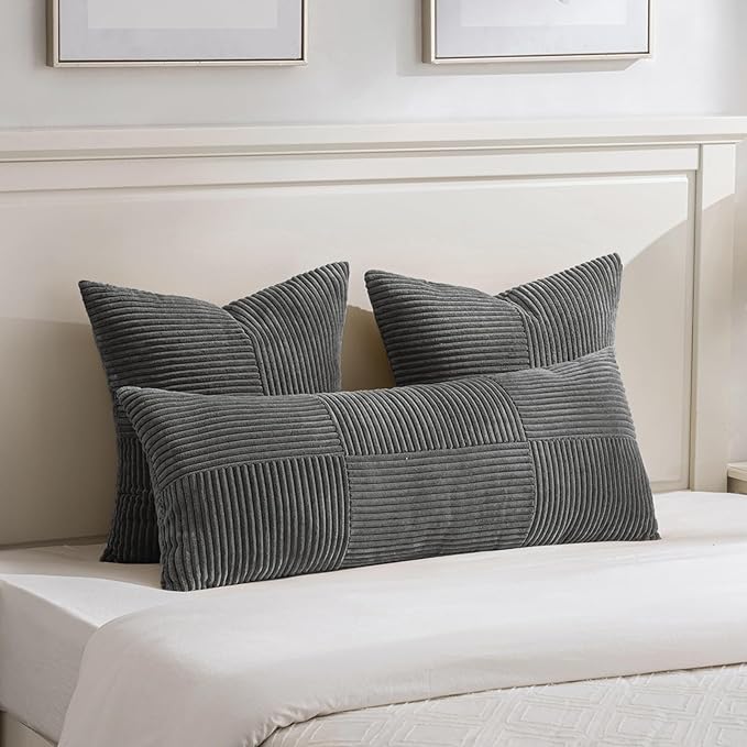 Fancy Homi 2 Packs Dark Gray Euro Decorative Throw Pillow Covers 28x28 Inch for Couch Bed Sofa, Rustic Farmhouse Boho Home Decor, Soft Corss Corduroy Patchwork Textured Square Cushion Case 71x71 cm