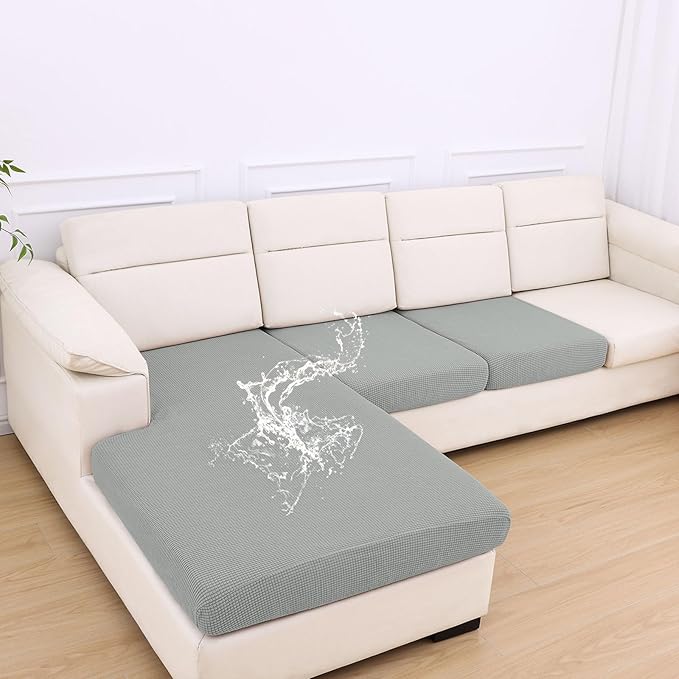 hyha Waterproof Couch Cushion Covers for Pets, Non Slip Sofa Seat Cover for Dogs Washable, Soft Thick Stretch Jacquard Fabric, Sofa Slipcovers with Elastic Bottom (1 Chaise+2 Seater, Light Grey)