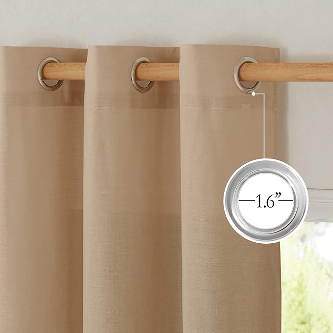 NICETOWN Linen Flax Semi Sheer Curtains 94" Length, Grommet Window Treatments Privacy Added with Light Penetration Vertical Drapes for Loft/Home Office, Camel, W55 x L94, 2 Panels