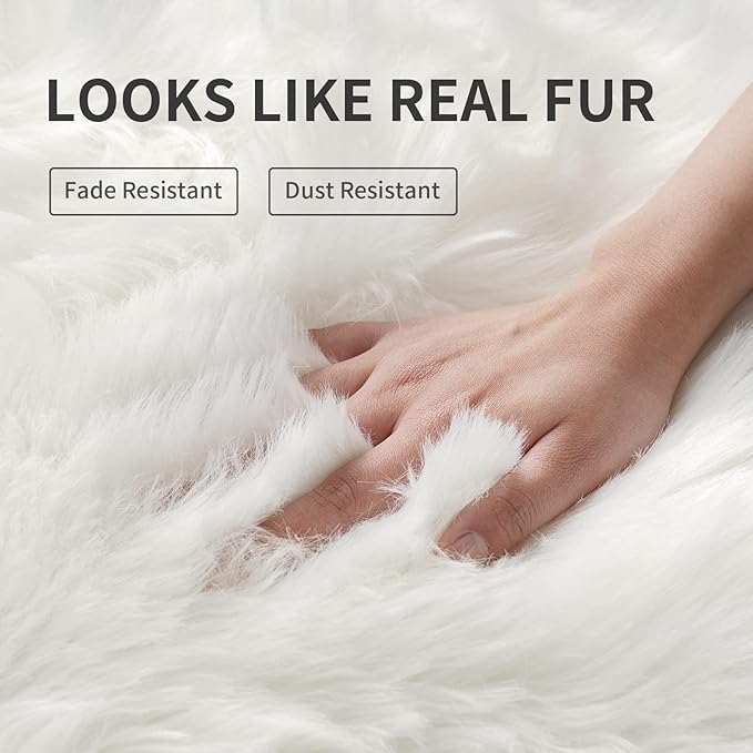 Faux Fur Rug, White Small Fluffy Rug for Sofa Chair Couch Cover 2x4 Feet, Ultra Soft Fuzzy Shag Rug for Bedroom, Indoor Shaggy Plush Floor Carpets Luxury Home Decor for Bedside
