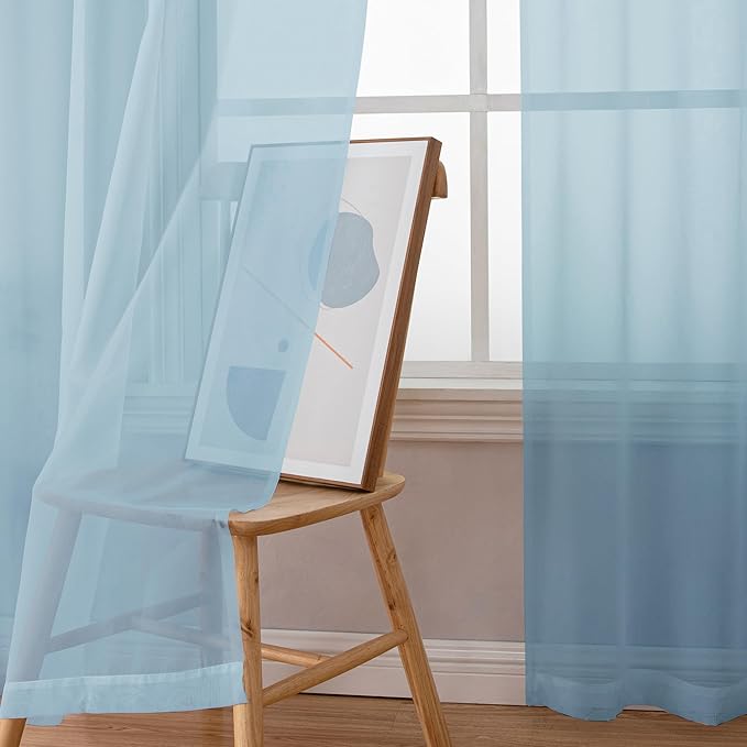 Simplebrand Sky Blue Sheer Curtains 63 Inch Length 2 Panels, Rod Pocket Solid Color Window Sheer Curtain Panels, Elegant Curtains & Drapes for Living Room, Bedroom 2 Panels (42" W x 63" L)