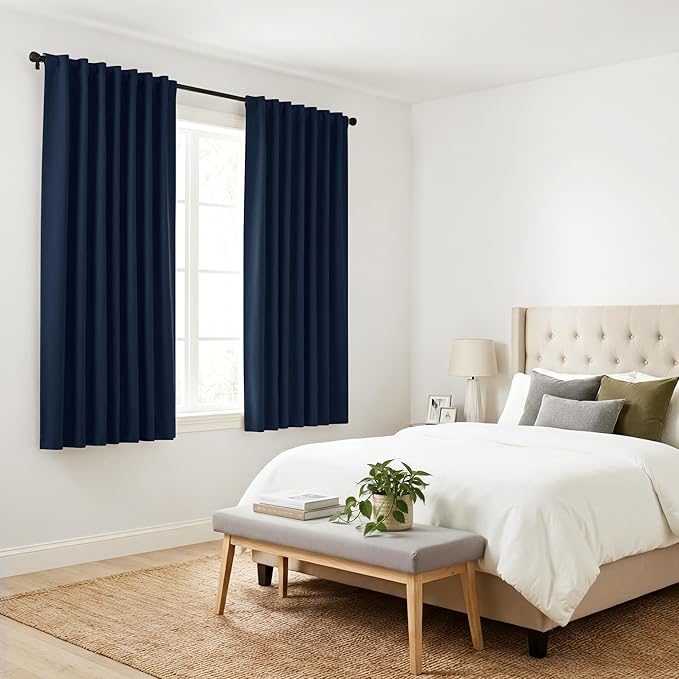 Pony Dance Blackout Curtain Panels for Kitchen, Cafe Curtains for Bathroom, Thermal Insulated Blackout Draperies Window Treatment Tiers (2 Panels, Navy Blue, 34x45 Inch)