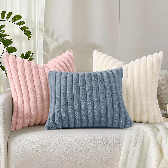 decorUhome Summer Cozy Faux Fur Throw Pillow Covers 24x24 Set of 2 Decorative Soft Plush Striped Modern Farmhouse Boho Couch Euro Sham Pillow Cases with Velvet Back for Sofa Bed Living Room, Pink