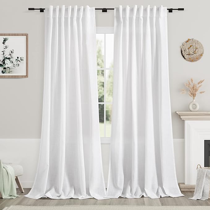 Nanspring Linen White Curtains 2 Panels Set Extra Long for Living Room Back Tab Semi Sheer Light Filtering Drapes Modern Farmhouse Decor Linen Textured Curtain for Floor to Ceiling Window 52x107