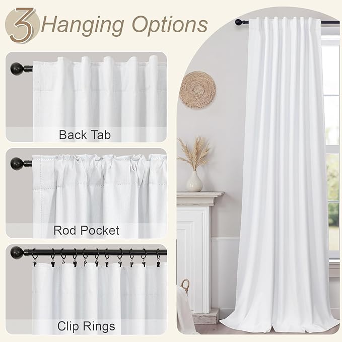 Elegant Curtains for Living Room 102 Inch Long Faux Linen Back Tab Rod Pocket Full Blackout Viral Curtains for Sliding Glass Door Nursery Thermal Curtains for Summer Heat 52x102 Length 2 Panels White
