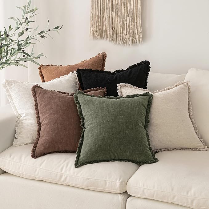 MIULEE Decorative Throw Pillow Covers Neutral Linen Fringe Throw Pillows Euro Shams Set of 2 Dark Coffee Boho Farmhouse Cushion Covers for Couch Sofa Bed Living Room Spring Home Decor 24x24 Inch