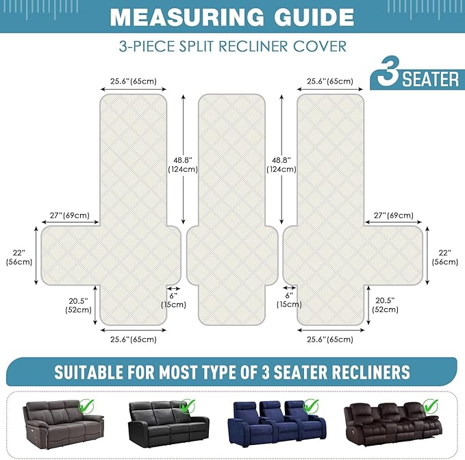 TAOCOCO 100% Waterproof Recliner Sofa Covers 3 Seater Split Couch Covers for 3 Cushion Reclining Couch with Straps, Non Slip Reclining Sofa Covers Furniture Protector for Kids Pets(3 Seater, Sky Blue)