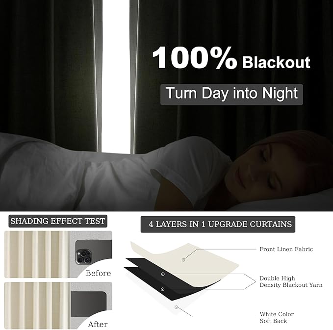 Topfinel 92 Inches Long Custom Black Out Drapery Panels, Rustic Burlap Textured Opaque Pleated Window Coverings, Kids Cream Boho Heat Blocking Back Tab Curtains for Sunroom Bay Window