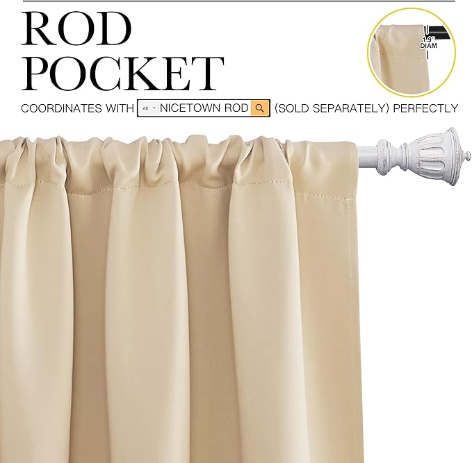 NICETOWN Blackout Room Darkening Curtains - Home Decoration Light & Noise Reducing Thermal Insulated Window Draperies with Rod Pocket Top (Biscotti Beige, 2 Panels, 34 inches Wide x 63 inches Long)