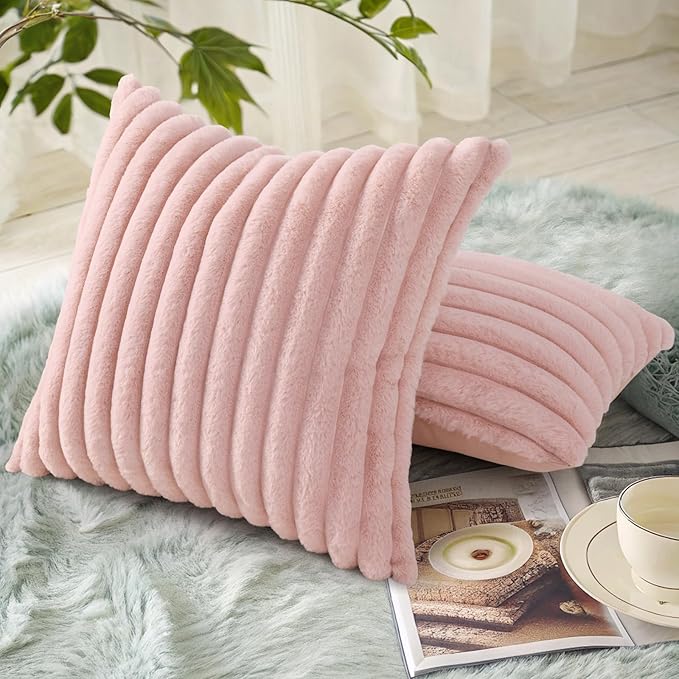 decorUhome Summer Cozy Faux Fur Throw Pillow Covers 20x20 Set of 2 Decorative Soft Plush Striped Modern Farmhouse Boho Couch Pillow Cases with Velvet Back for Sofa Bed Living Room, Pink