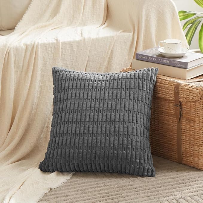 Fancy Homi 4 Packs Dark Grey Decorative Throw Pillow Covers 26x26 Inch for Couch Bed, Rustic Modern Farmhouse Boho Home Decor, Soft Plush Corduroy Gray Cute Square Accent Cushion Case 66x66 cm