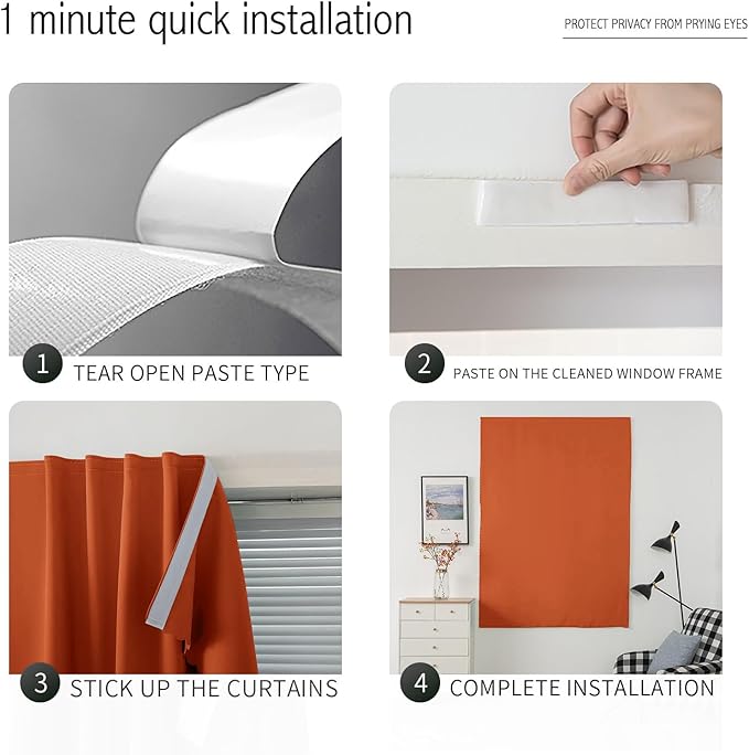 Self Adhesive Curtains Portable Blackout Curtain Simple and Easy to Install Bedroom Window Thermal Lnsulated Kitchen Room Darkening Black Small Drapes, 59" W X 71" L, Orange, 1 Panel