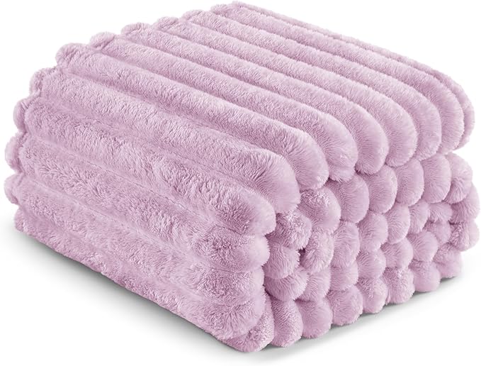 Exclusivo Mezcla Twin Size Flannel Fleece Blanket, Super Soft Striped Jacquard Bed Blanket, Lightweight Fuzzy Cozy for All Seasons, 60x80 Inches, Lilac Purple